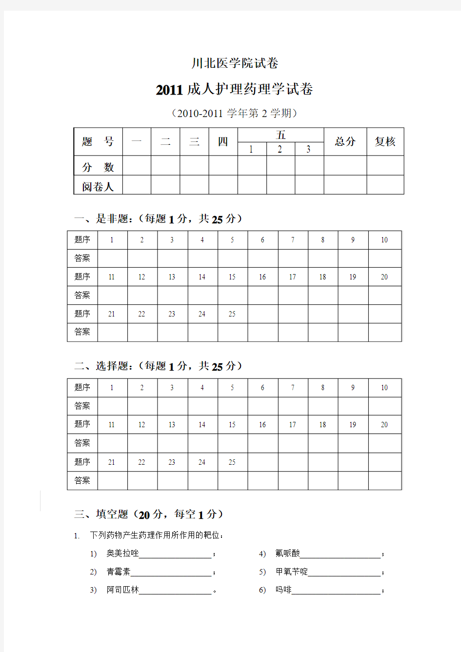 2011成人护理药理学试题