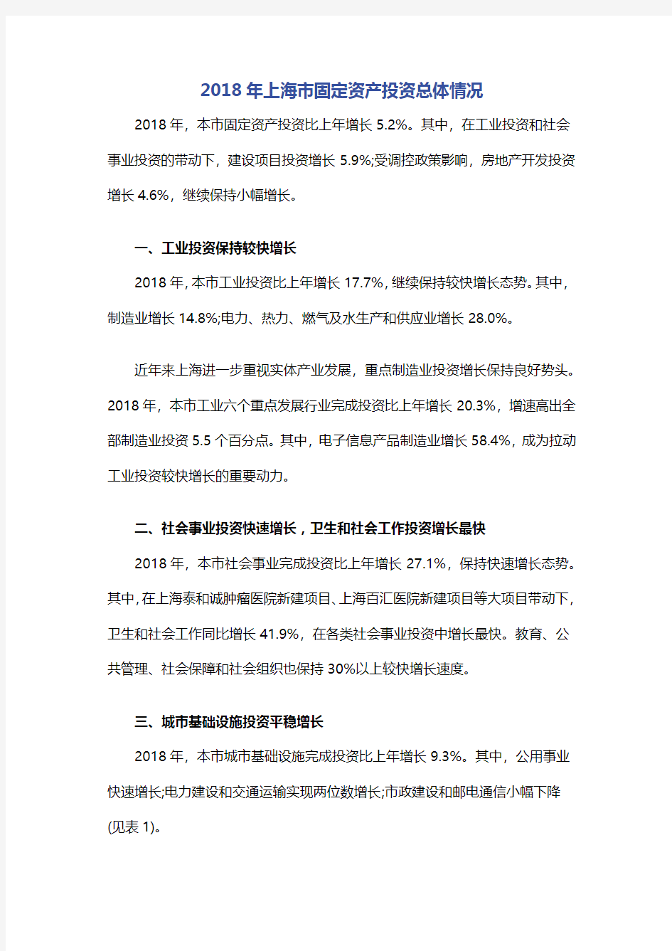 2018年上海市固定资产投资总体情况