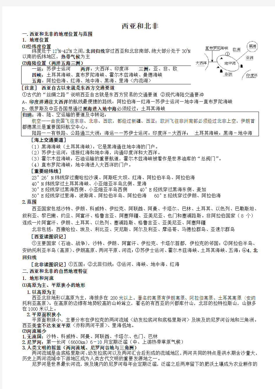 高二区域地理西亚和北非涵盖所有高考知识点 