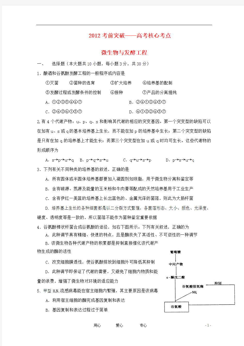 2012届高考生物考前核心突破 17微生物与发酵工程