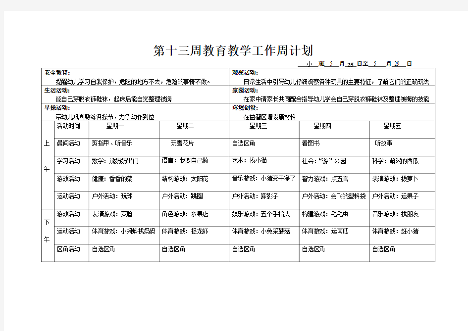 2015春小班第13周周计划