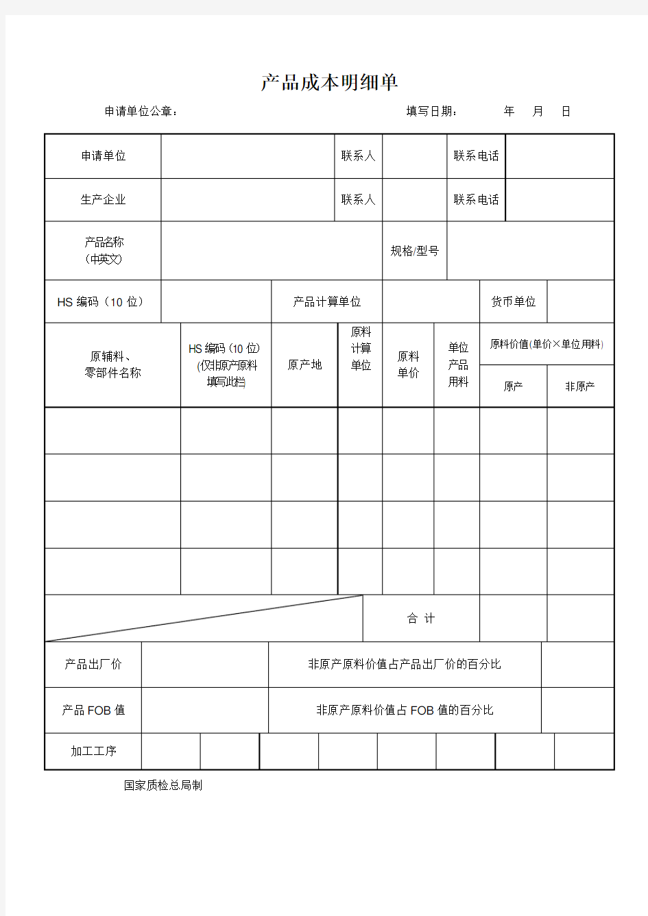 产地证产品成本明细单及填制说明 2