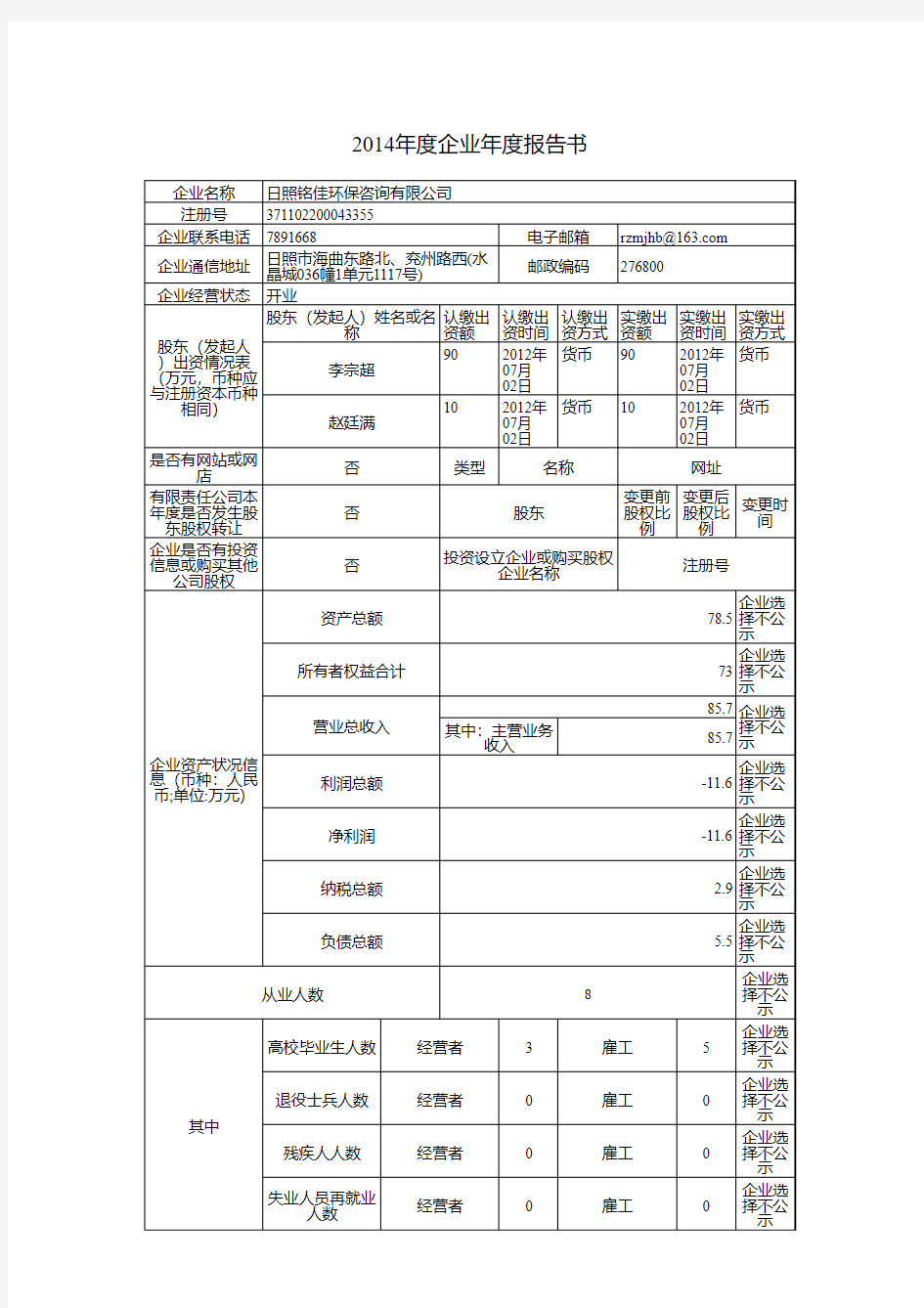 全国企业信用信息公示系统2014年度年度报告