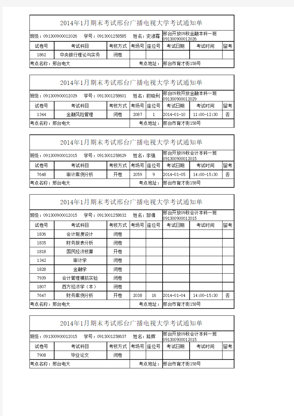 2014年1月期末考试通知单本科