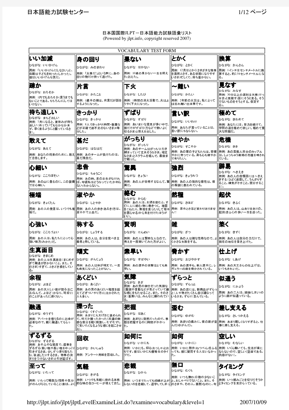 日语一级词汇总览(日语能力考试中心官方资料)
