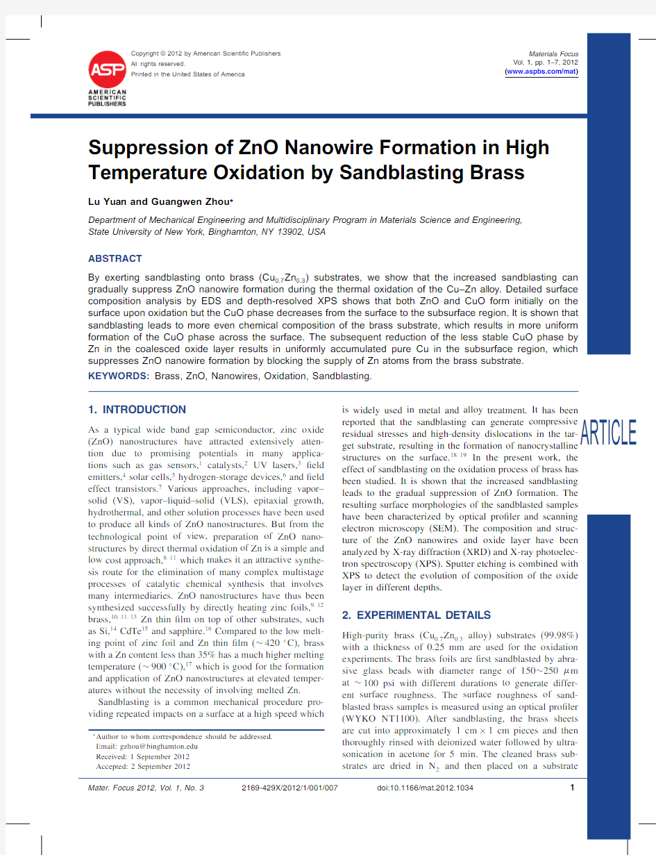 Suppression of ZnO nanowire formation in high temperature oxidation by sandblasting brass