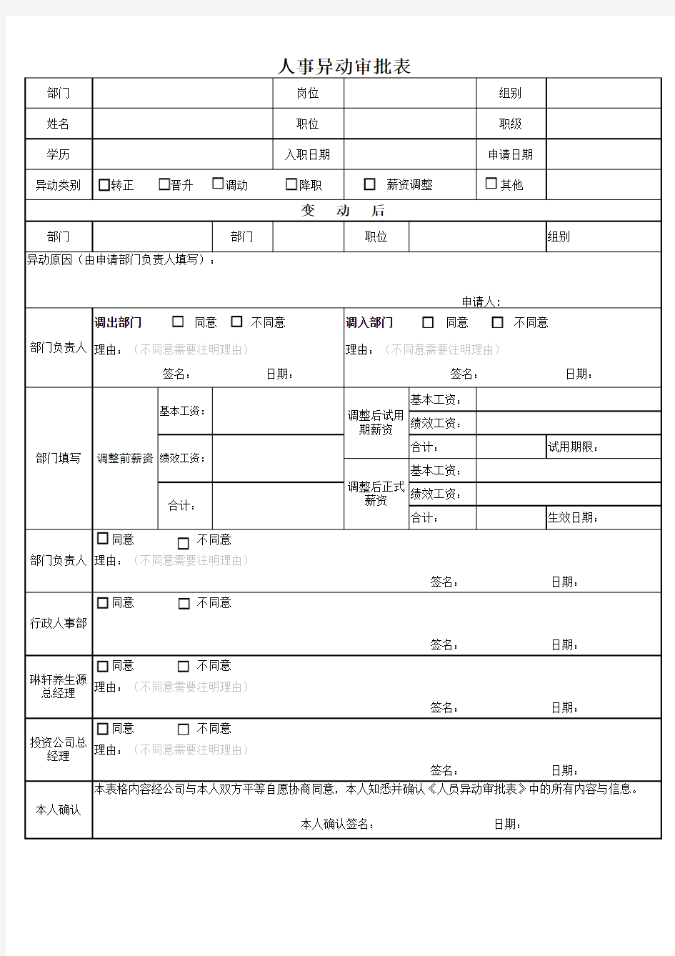 人事异动申请表