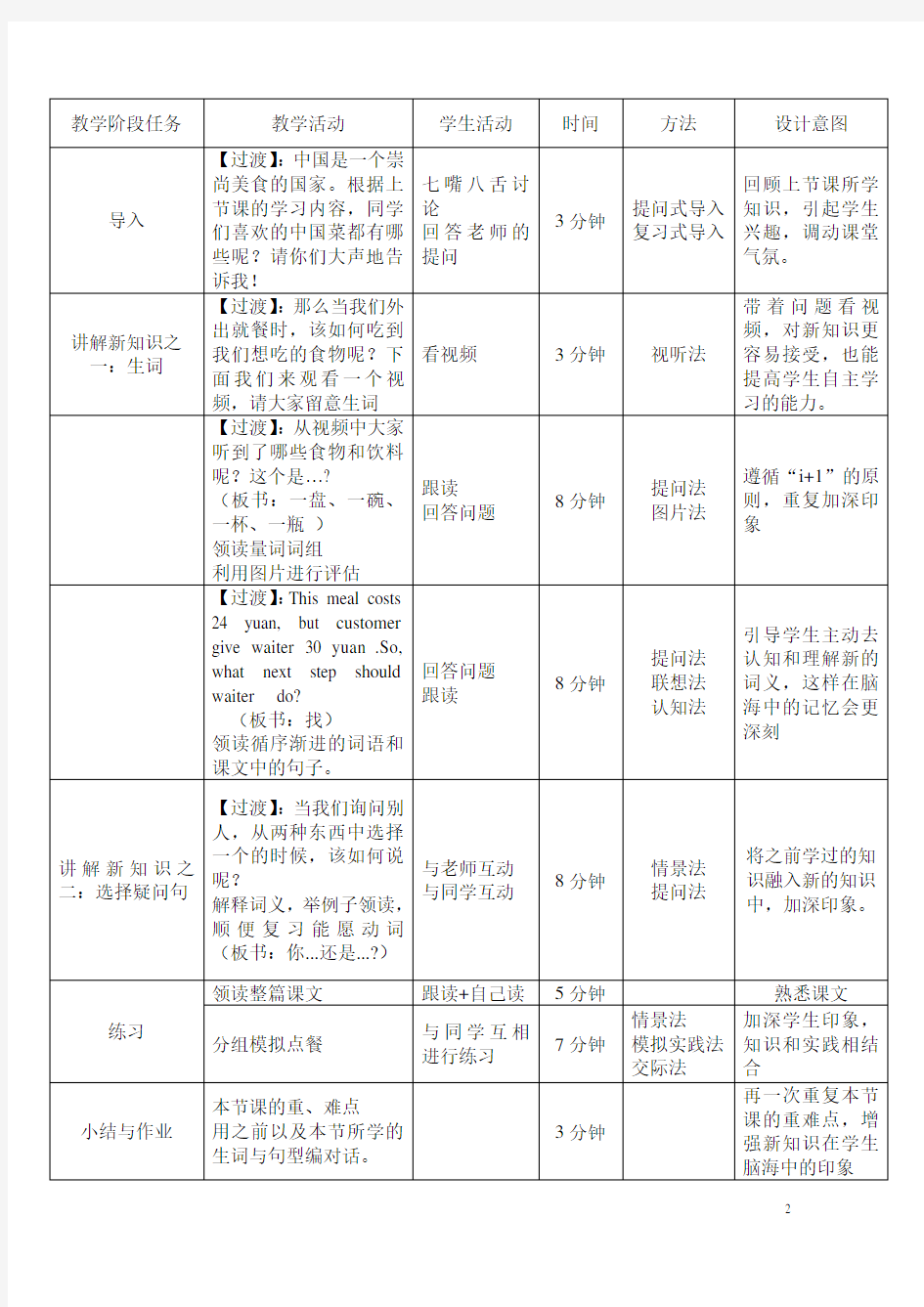 点餐 对外汉语初级口语课教案