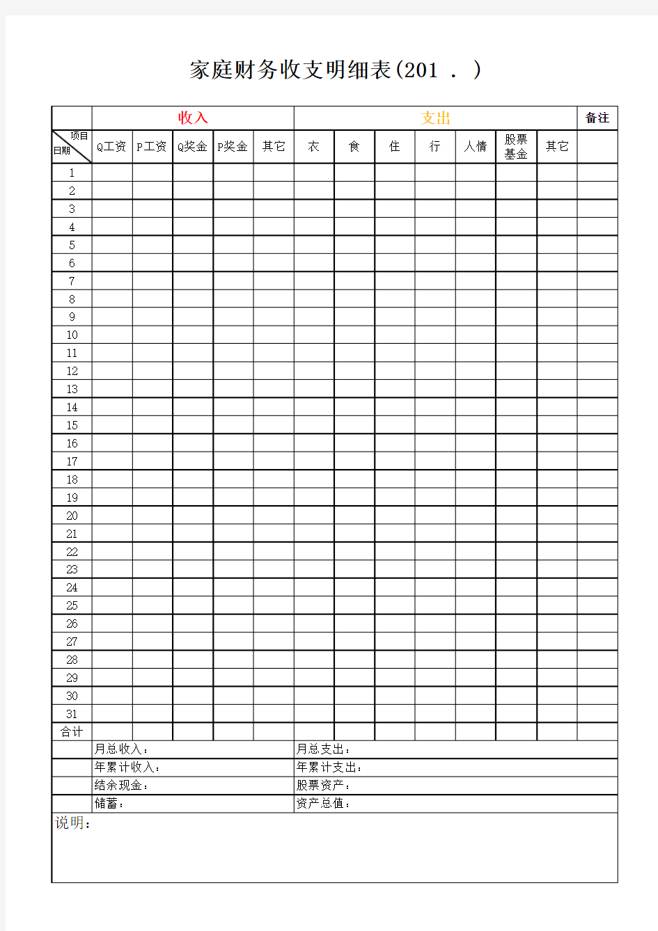 家庭财务收支明细表