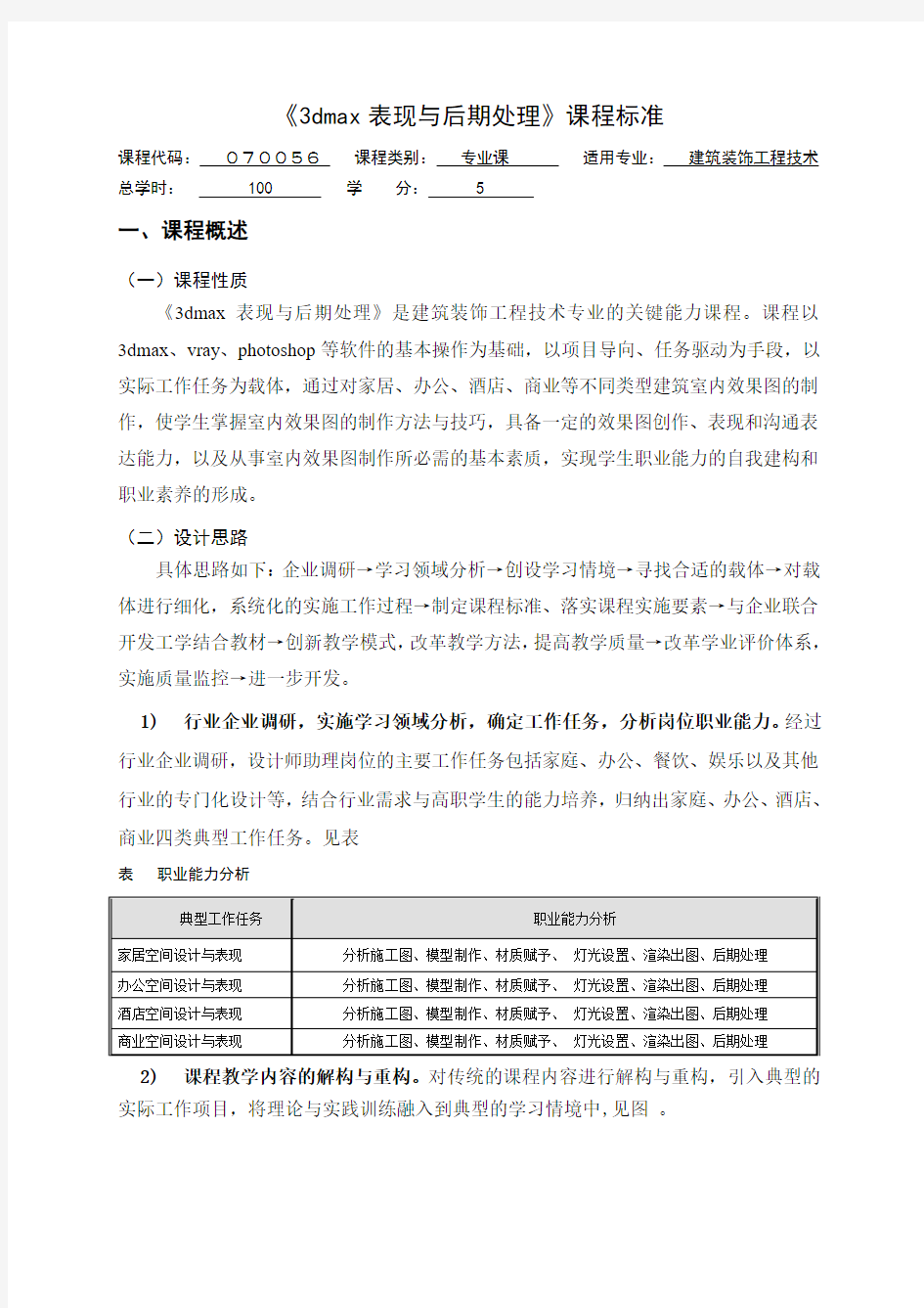 《3dmax表现与后期处理》课程标准