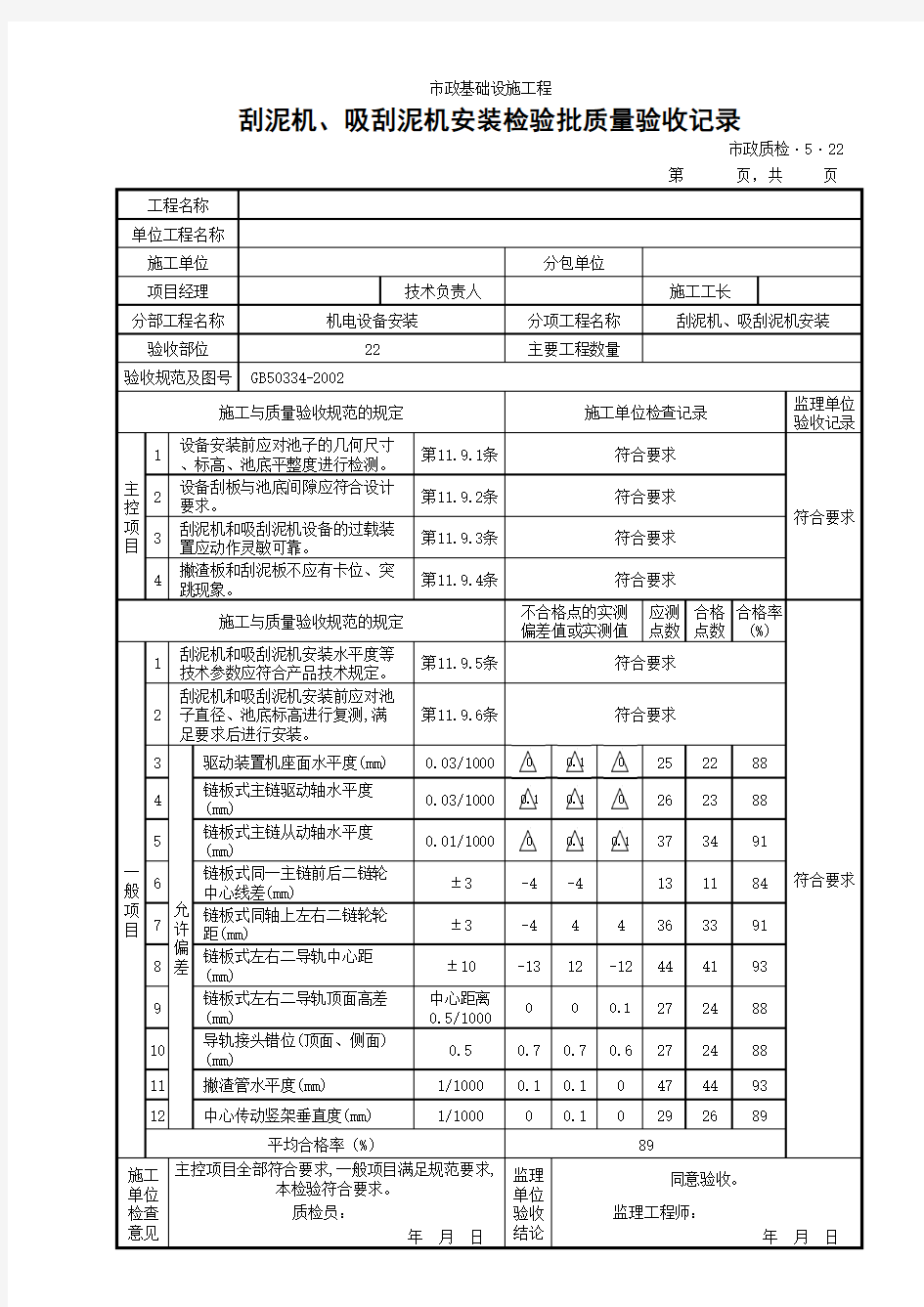 刮泥机、吸刮泥机安装检验批质量验收记录