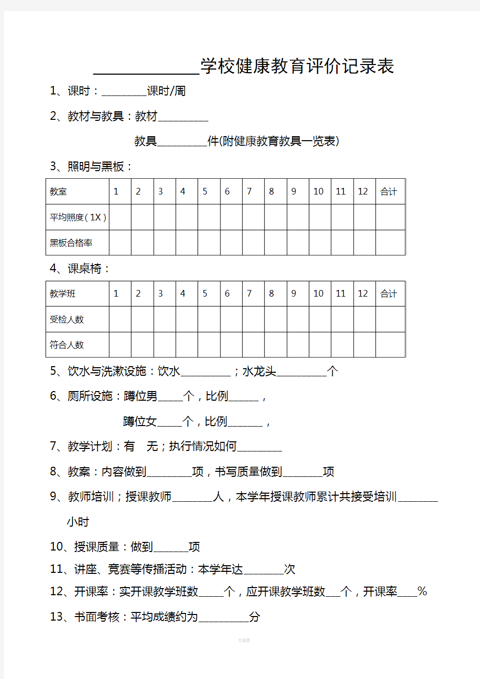 学校健康教育评价记录表