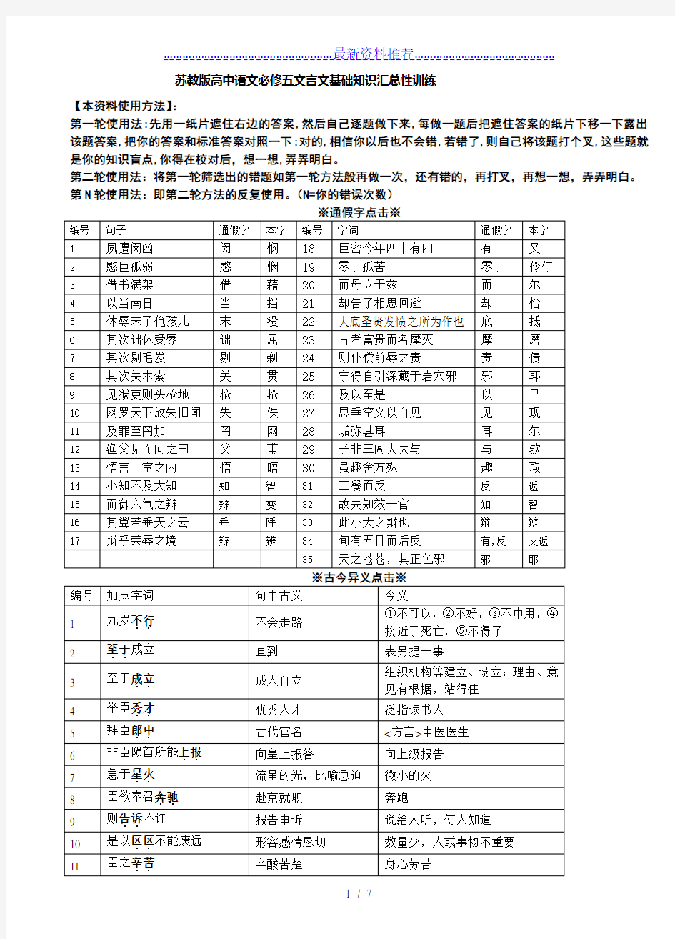 苏教版高中语文必修五文言文基础知识汇总性训练