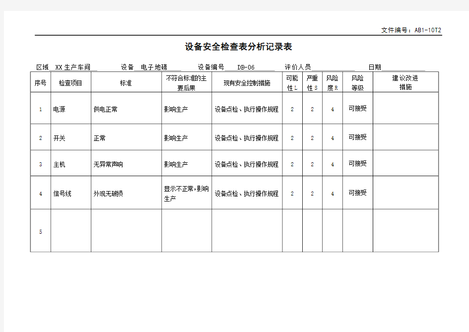 设备安全检查表分析记录表