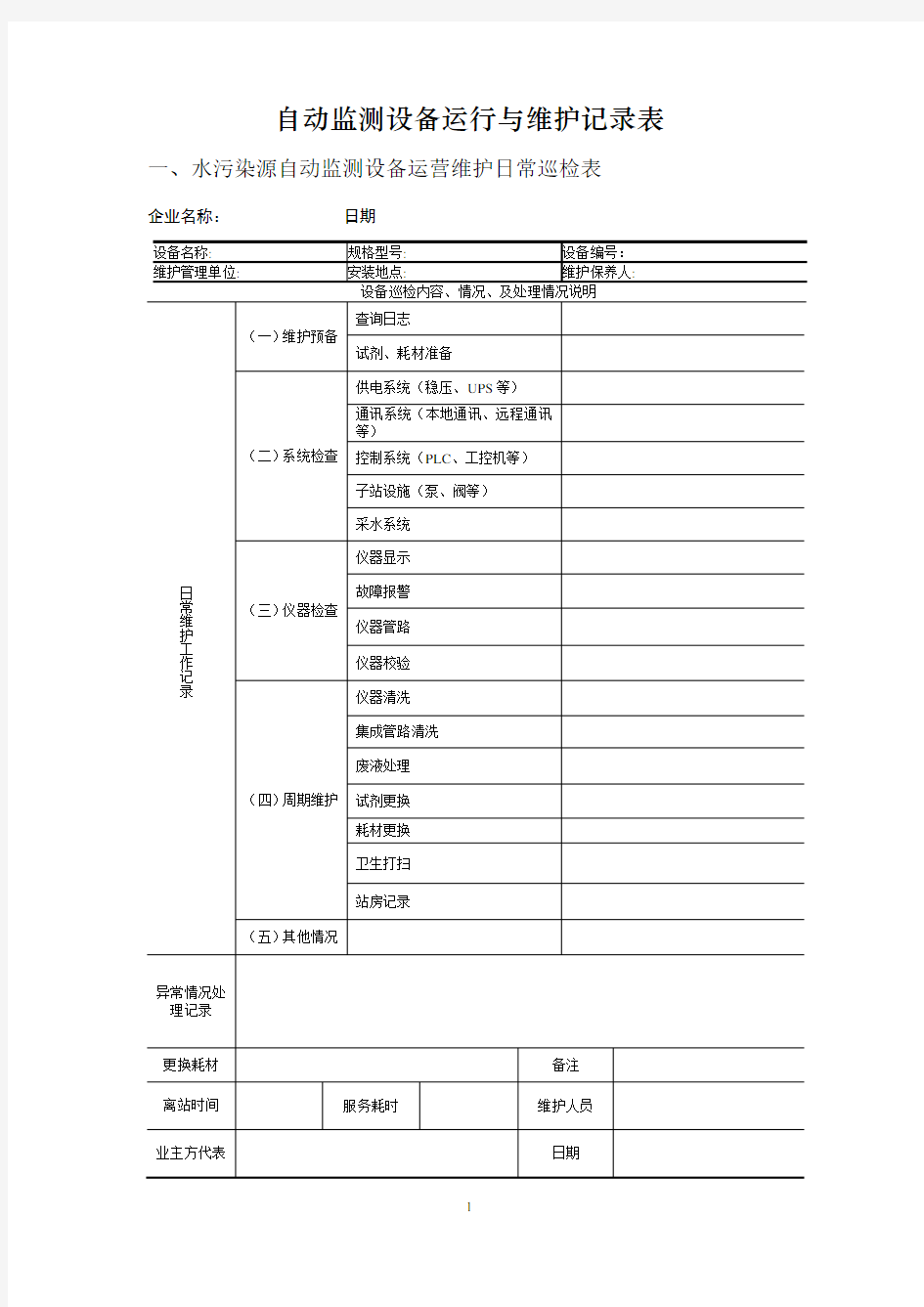 自动监测设备运行与维护记录表(水)