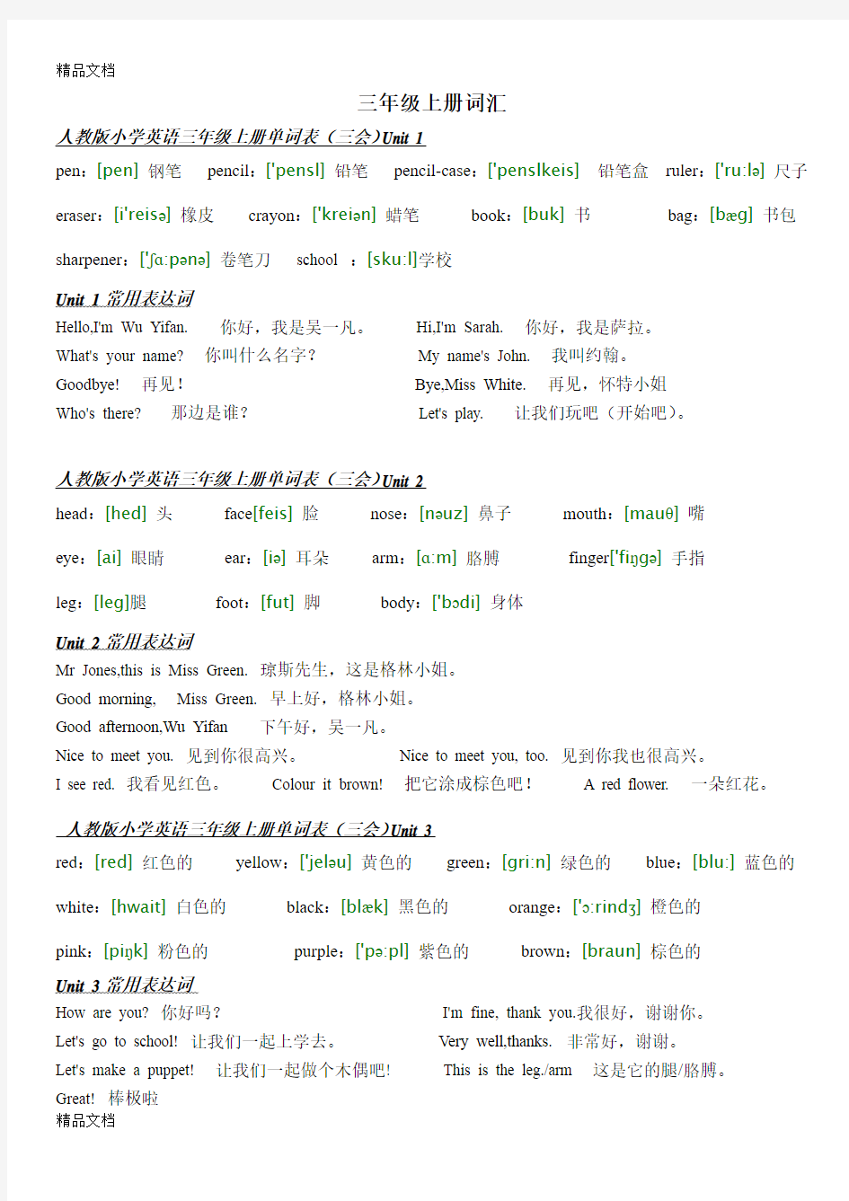 最新人教版小学3-6年级英语单词表