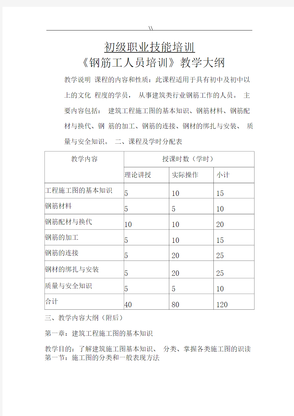 初级钢筋工专业教学大纲