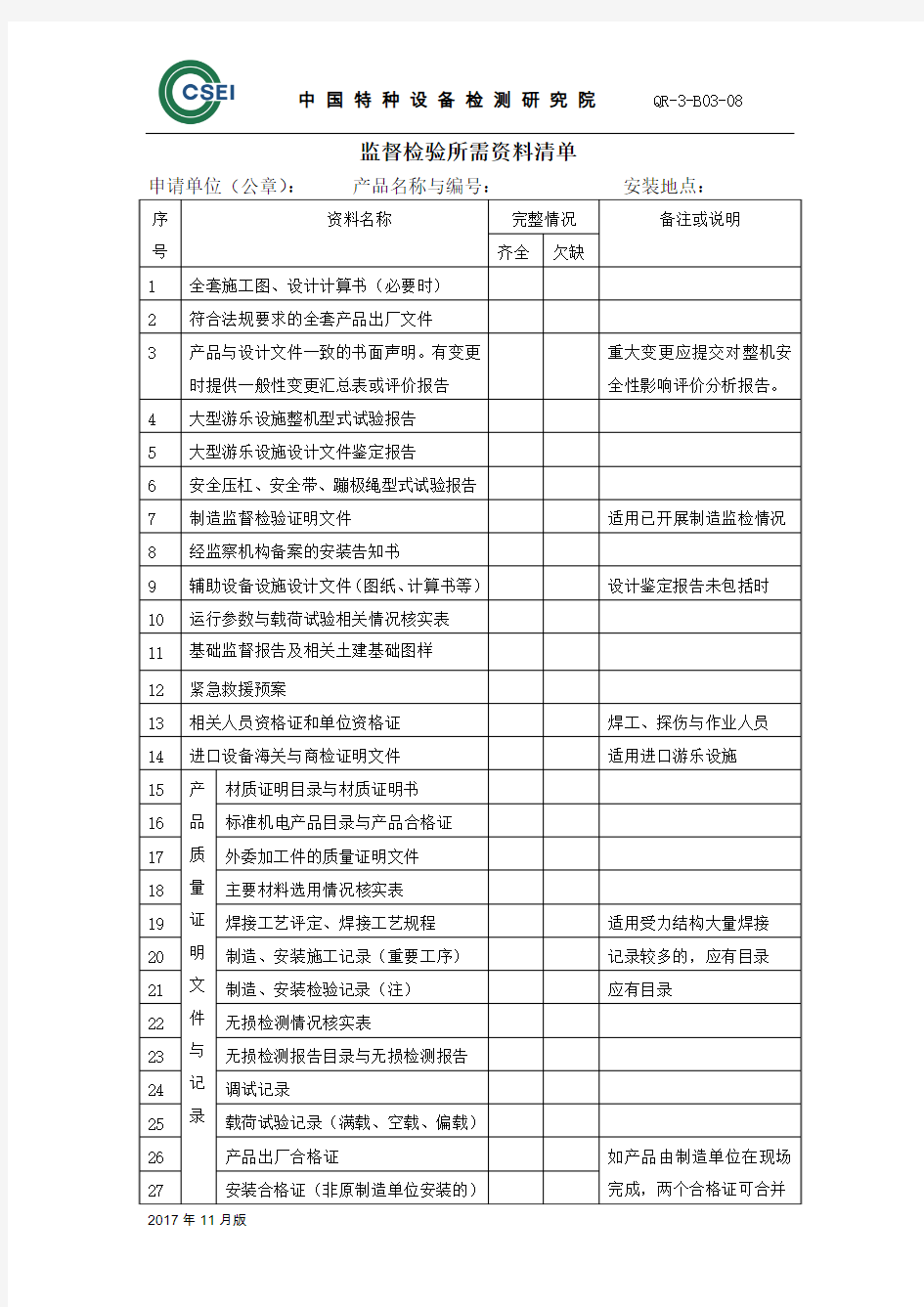 监督检验所需资料清单