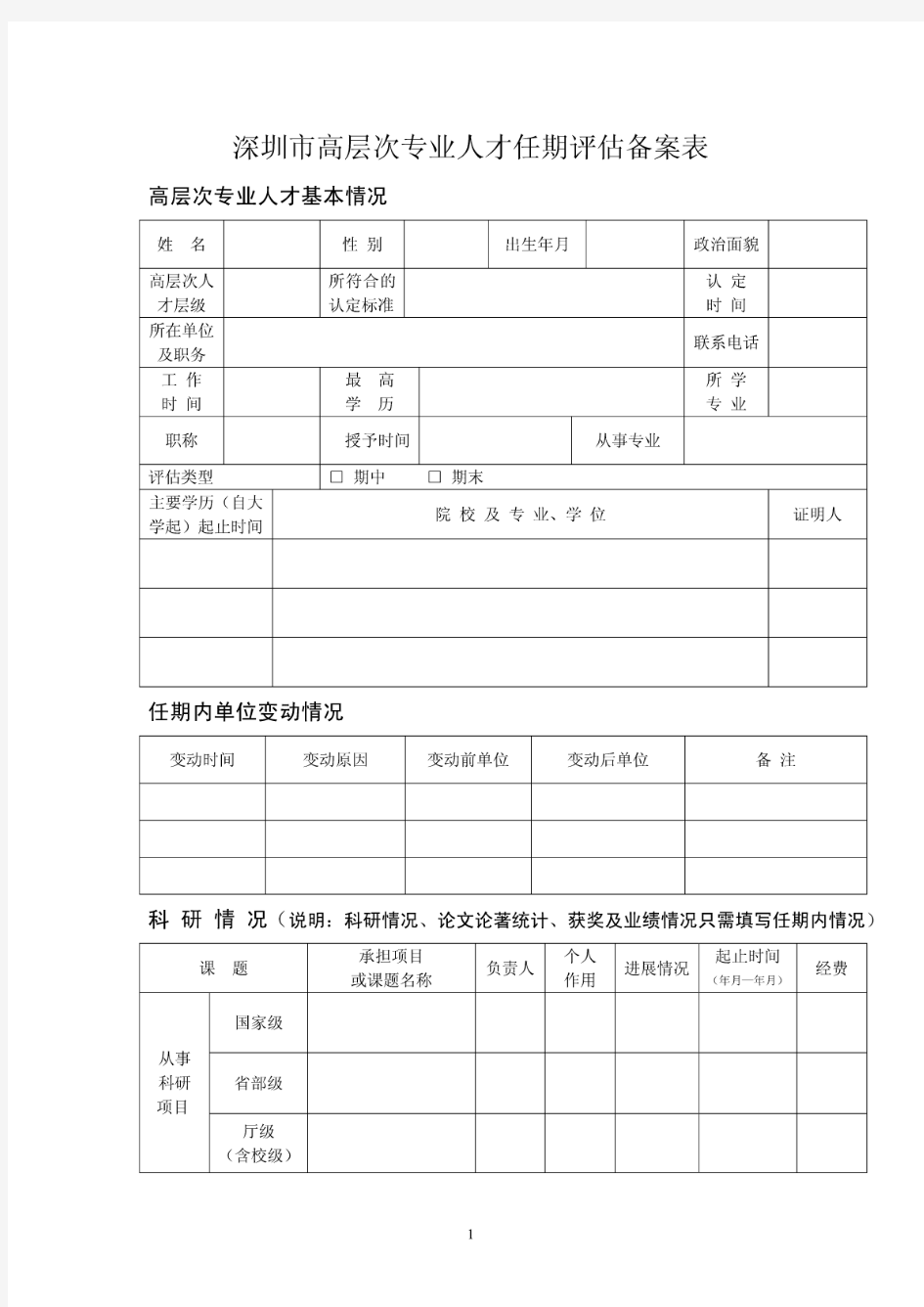 深圳市高层次专业人才任期评估备案表