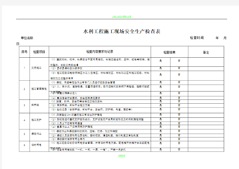 水利工程施工现场安全生产检查表