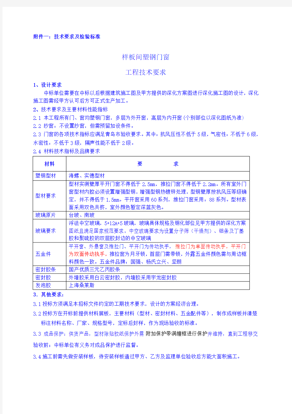 塑钢窗技术要求及检验标准