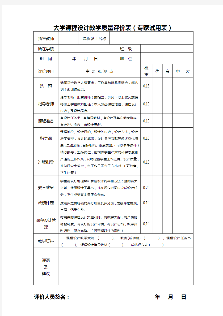 大学课程设计教学质量评价表(专家试用表)