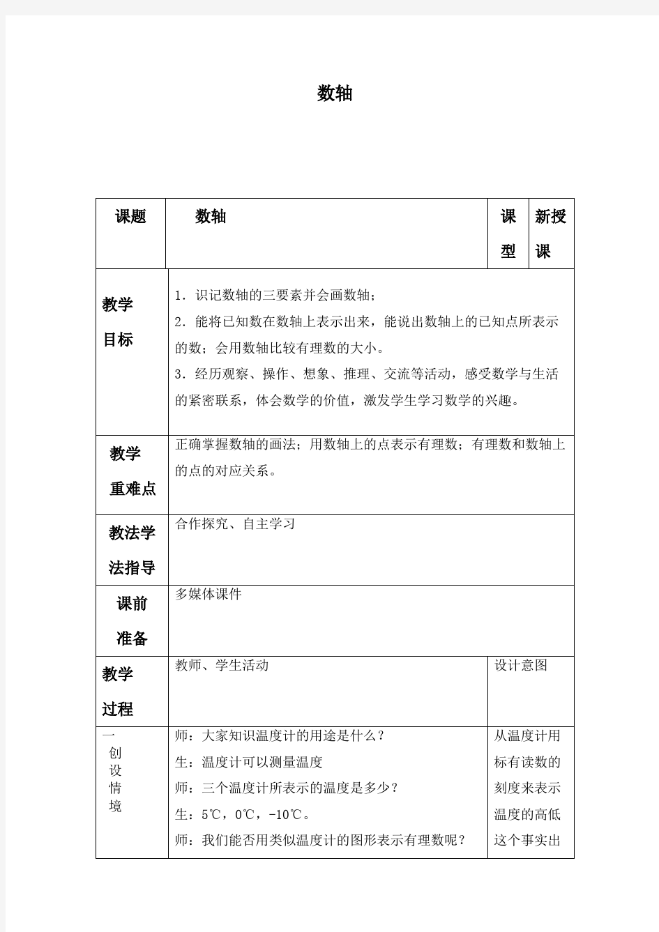 数轴  优秀教学设计(教案)