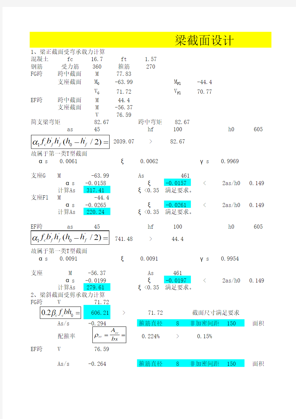 梁截面配筋计算表