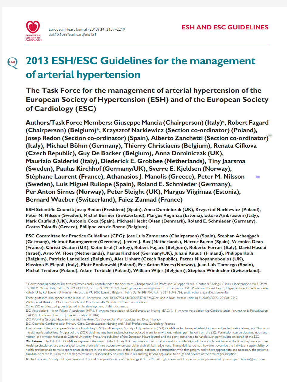 2013 ESH.ESC Guidelines for the management of arterial hypertension