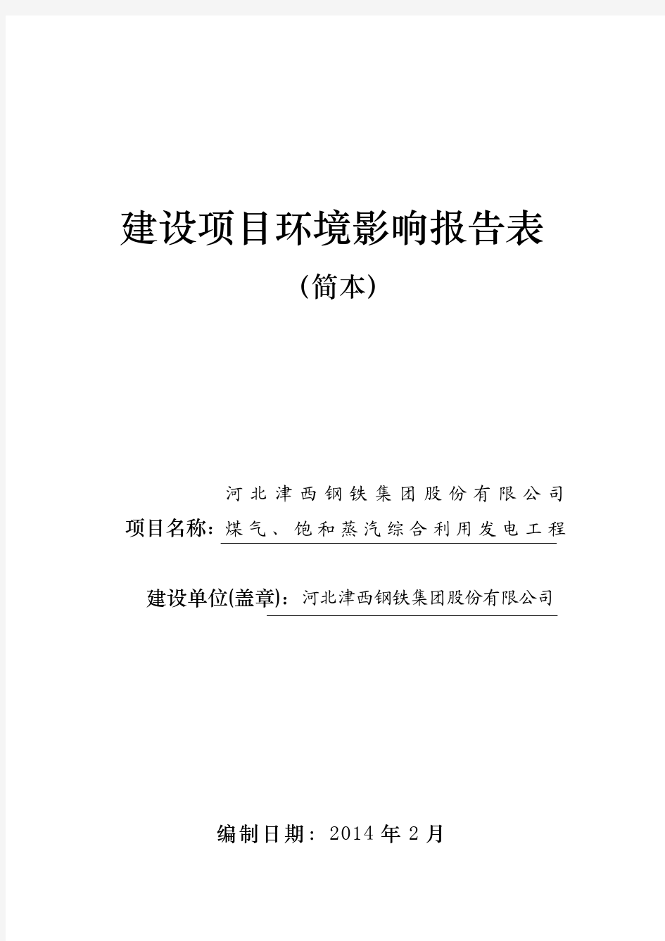 河北津西钢铁集团股份有限公司煤气、饱和蒸汽综合利用发电工程简本