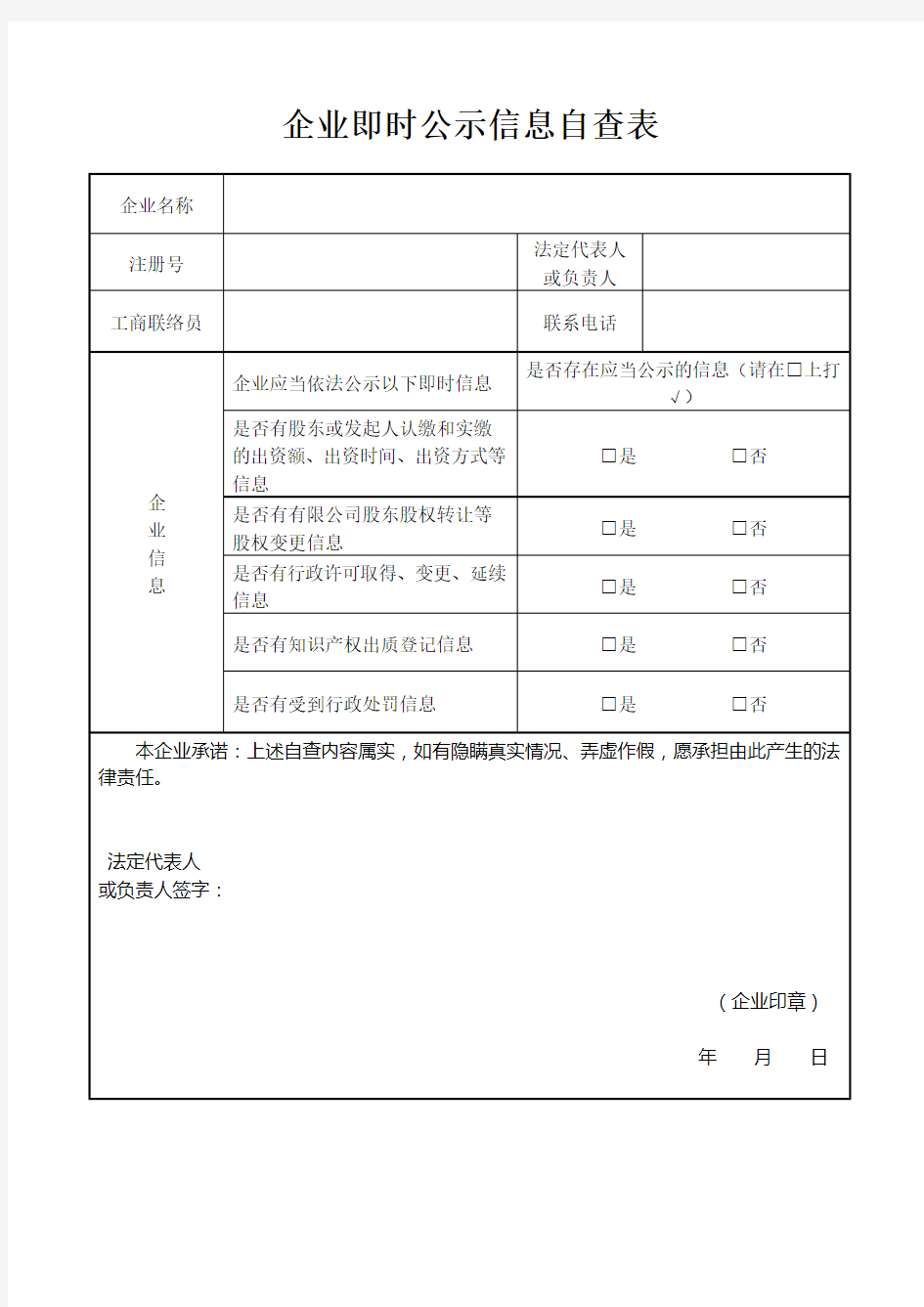 企业即时公示信息自查表