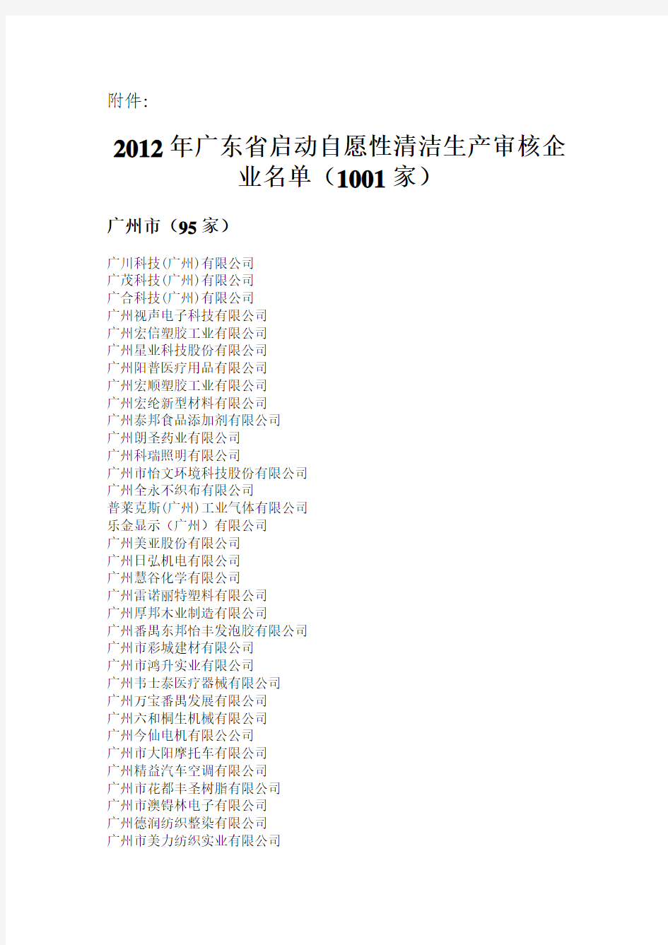 2012年广东省启动自愿性清洁生产审核企业名单(1001家)