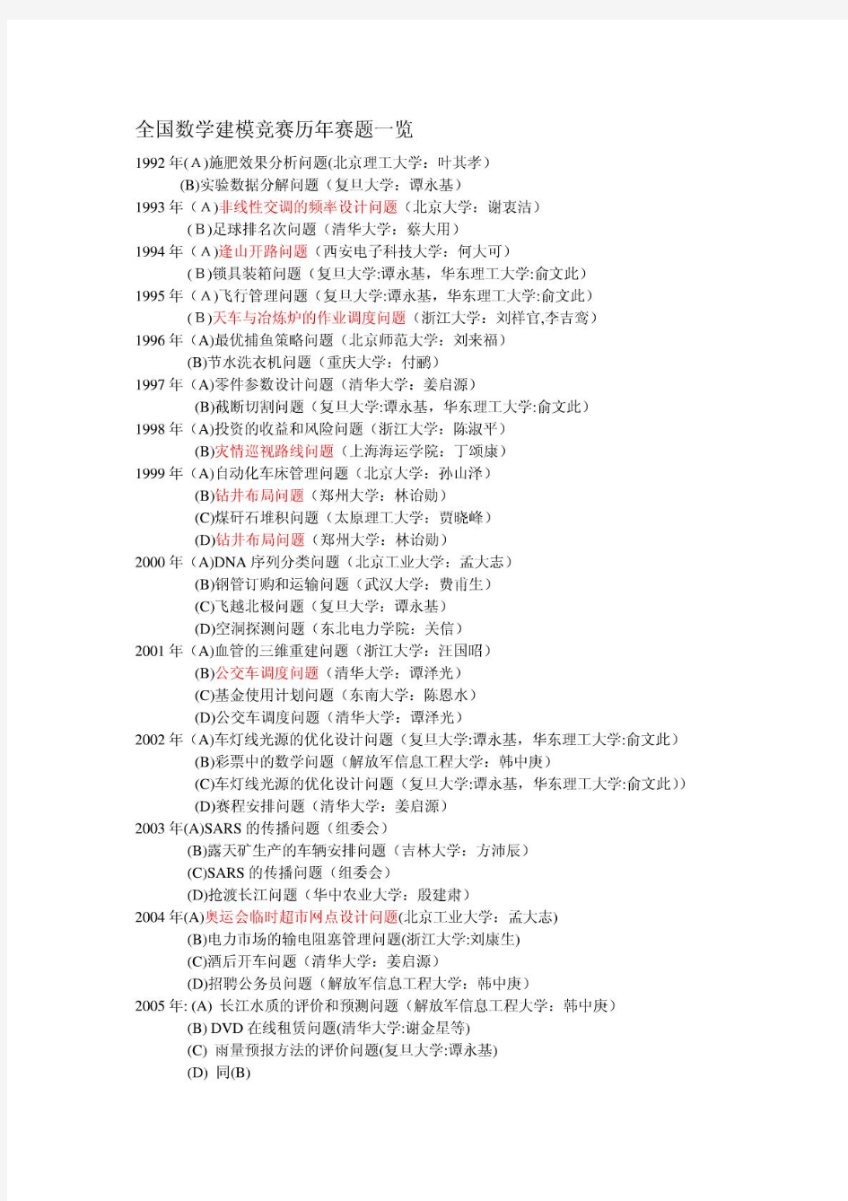 全国数学建模竞赛历年赛题一览