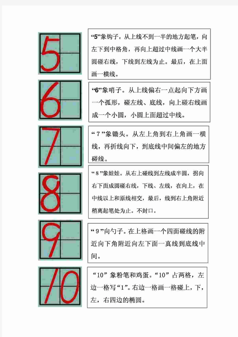 1到10的数字书写格式要求