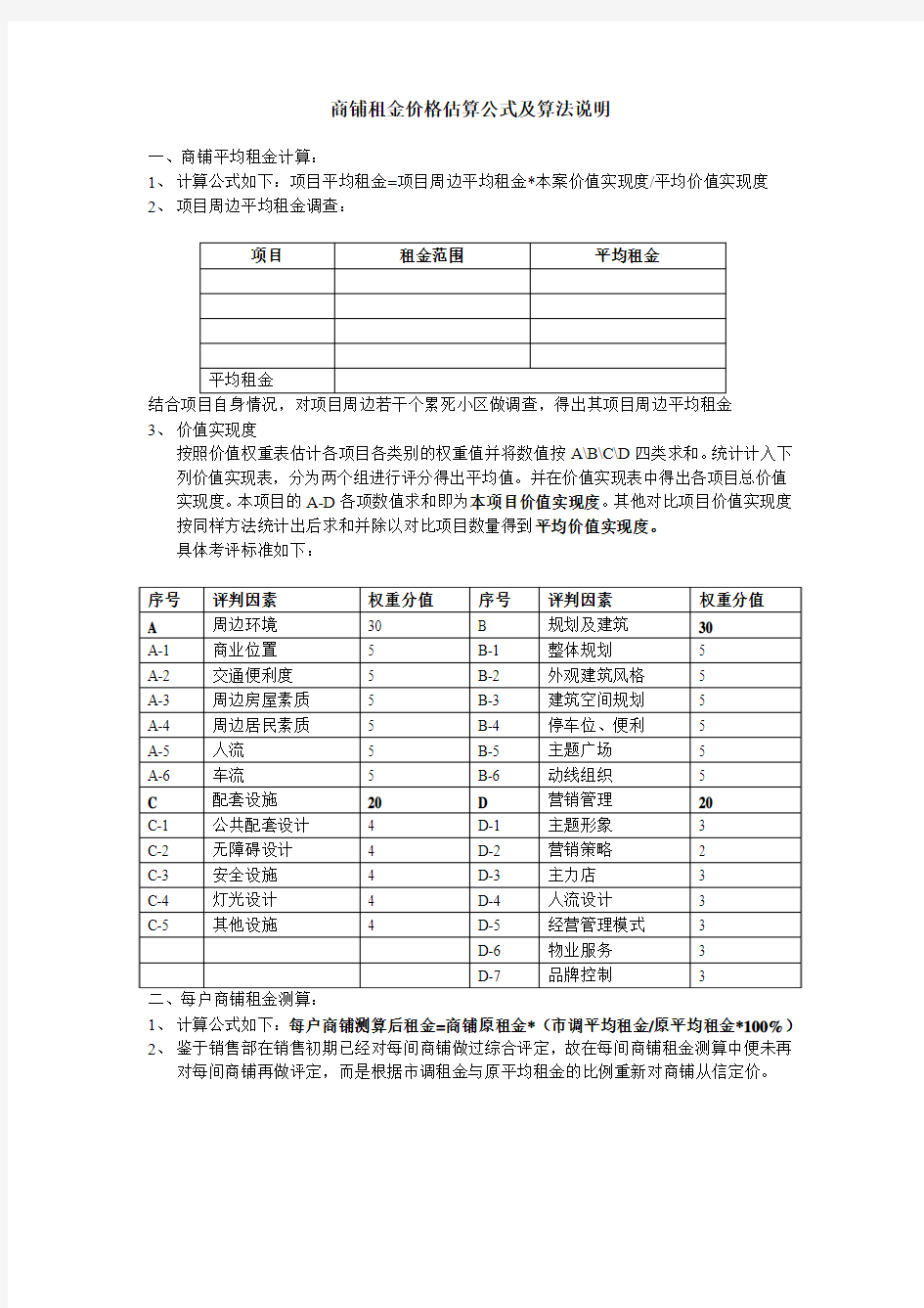 商铺租金价格估算公式及算法说明( 有原租金做参考)