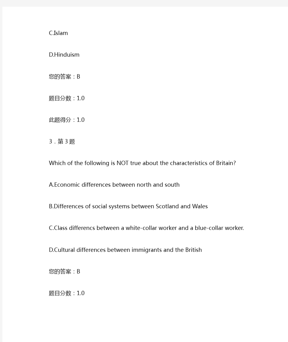 正确答案2015年秋季《英语国家概况(阅读)》在线作业