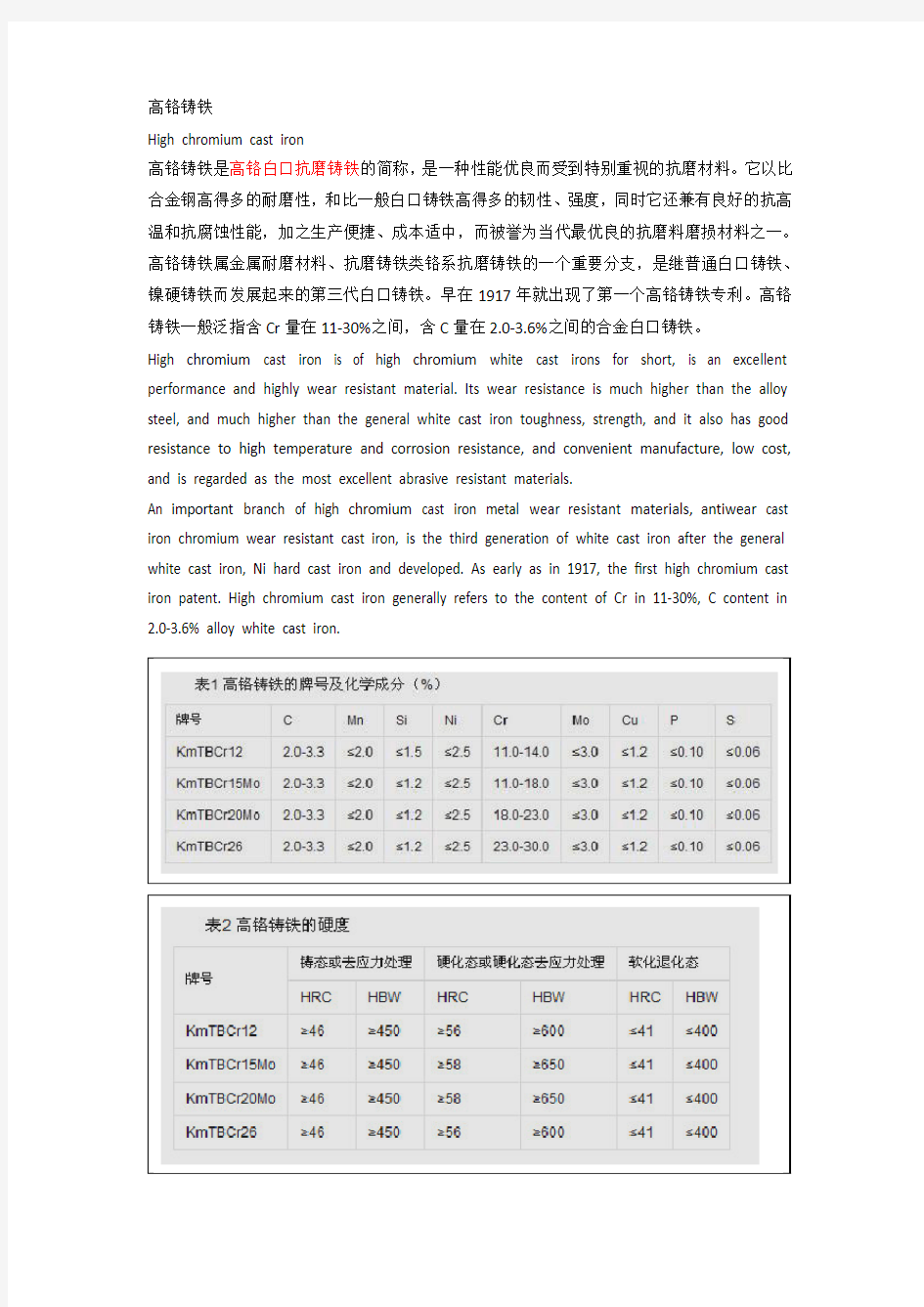 高铬铸铁 High chromium cast iron (中英文对照)