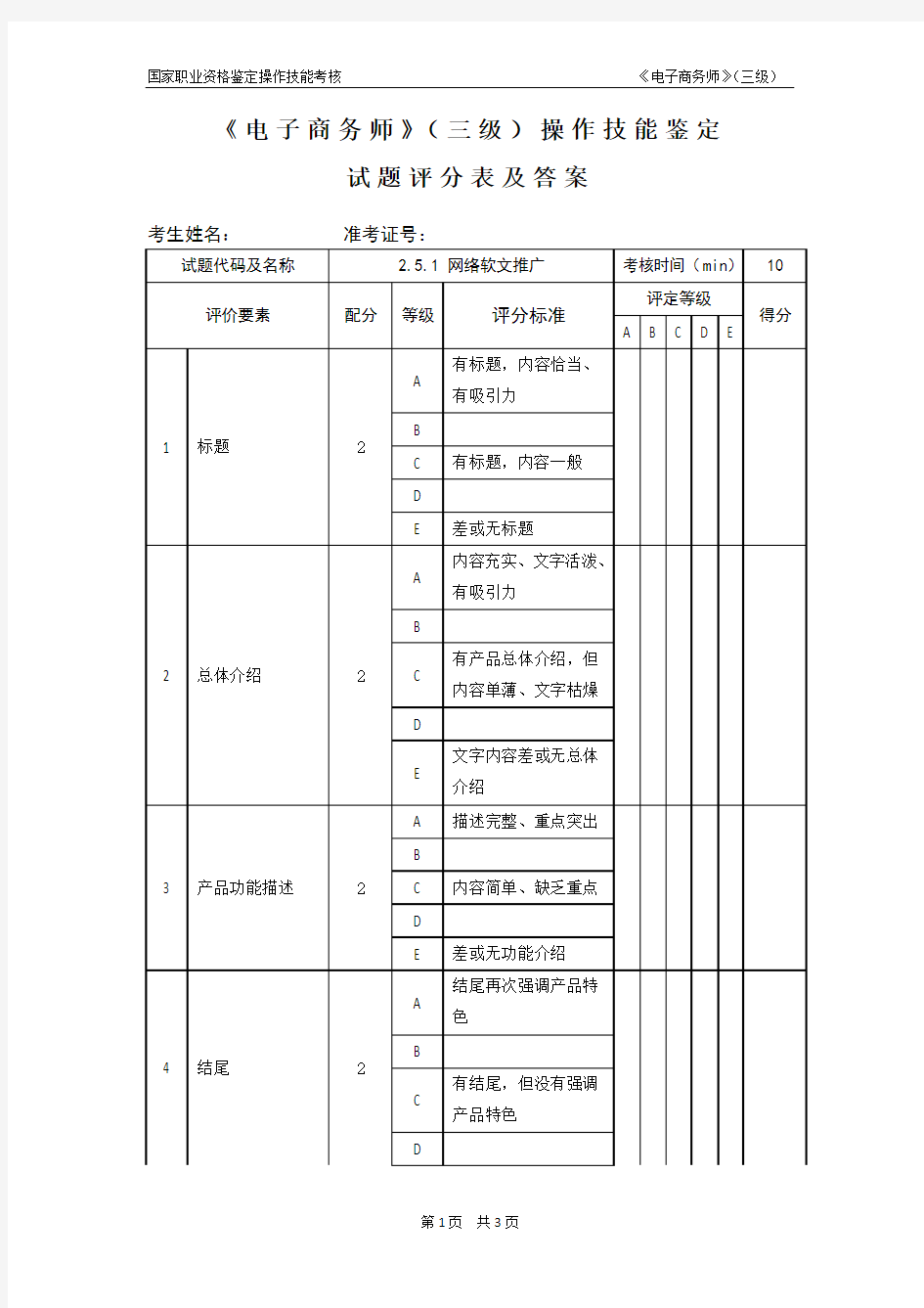 电子商务师_3级_操作技能鉴定2.5.1试题评分表及答案