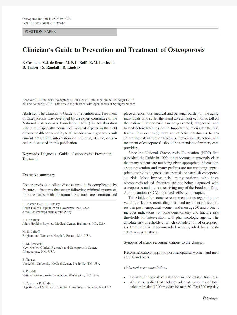 2014  Clinician’s Guide to Prevention and Treatment of Osteoporosis