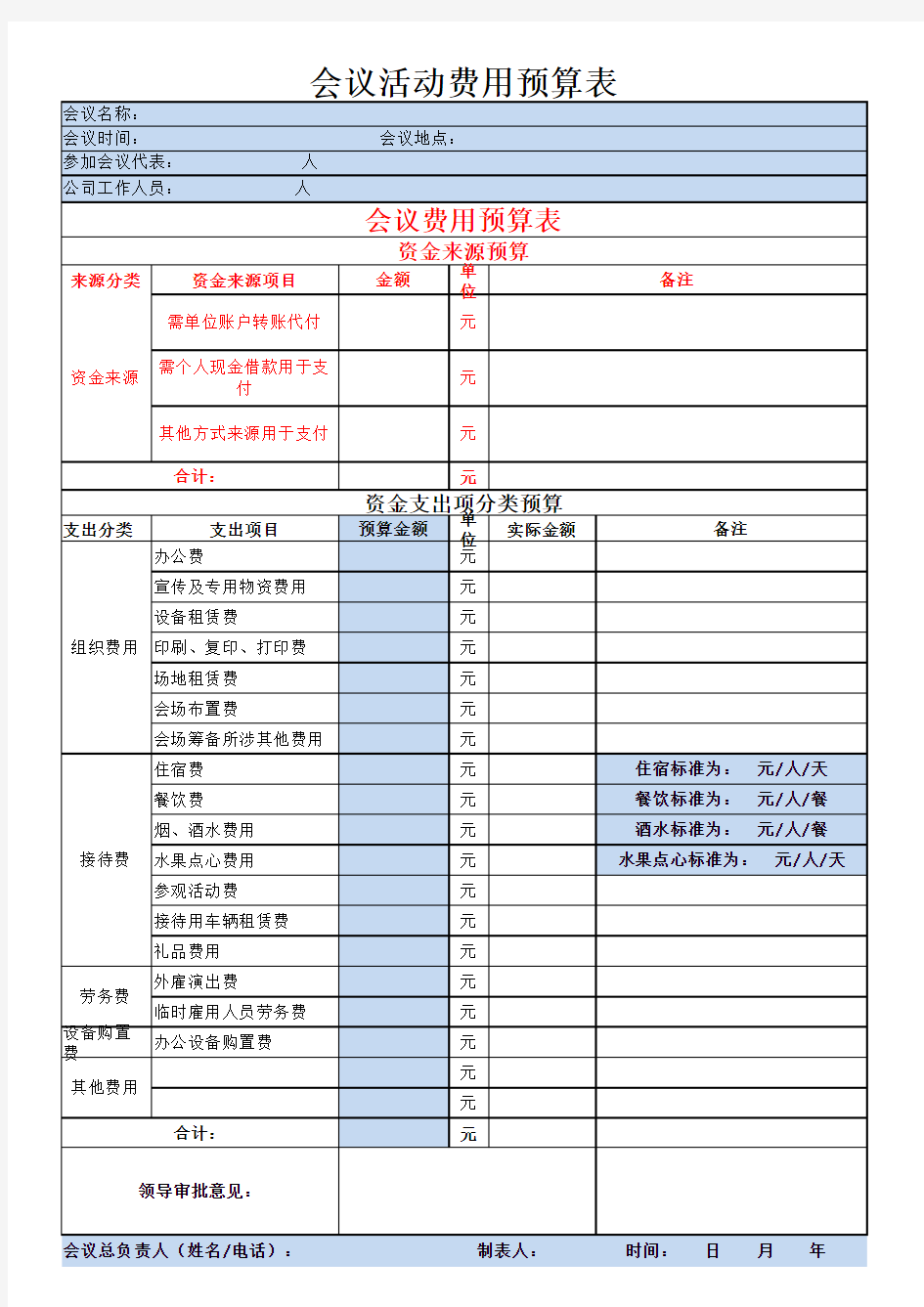 会议费用预算明细表