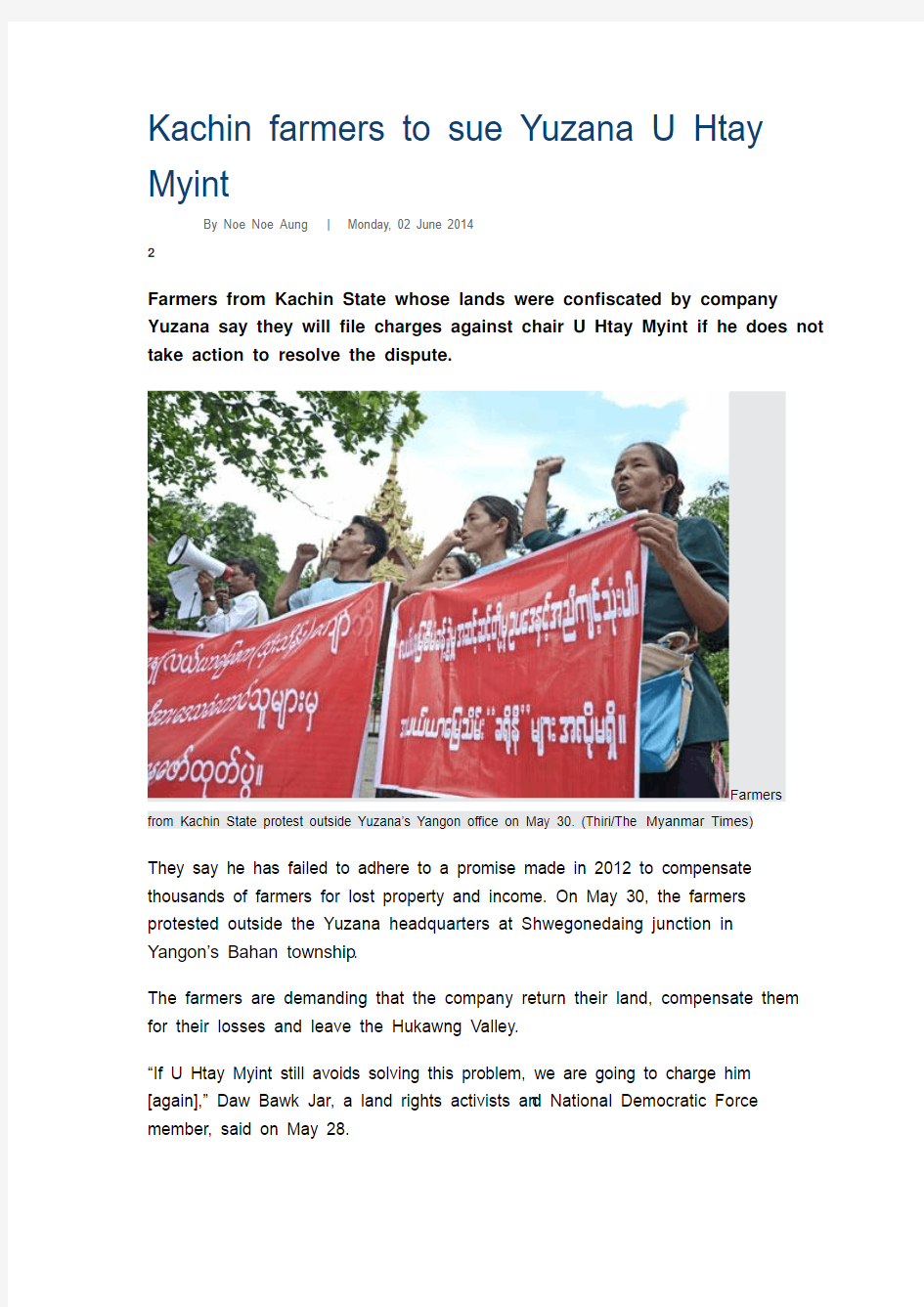 Kachin farmers to sue Yuzana U Htay Myint
