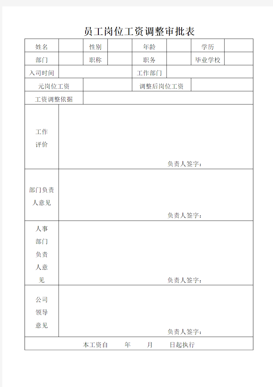 员工岗位工资调整审批表