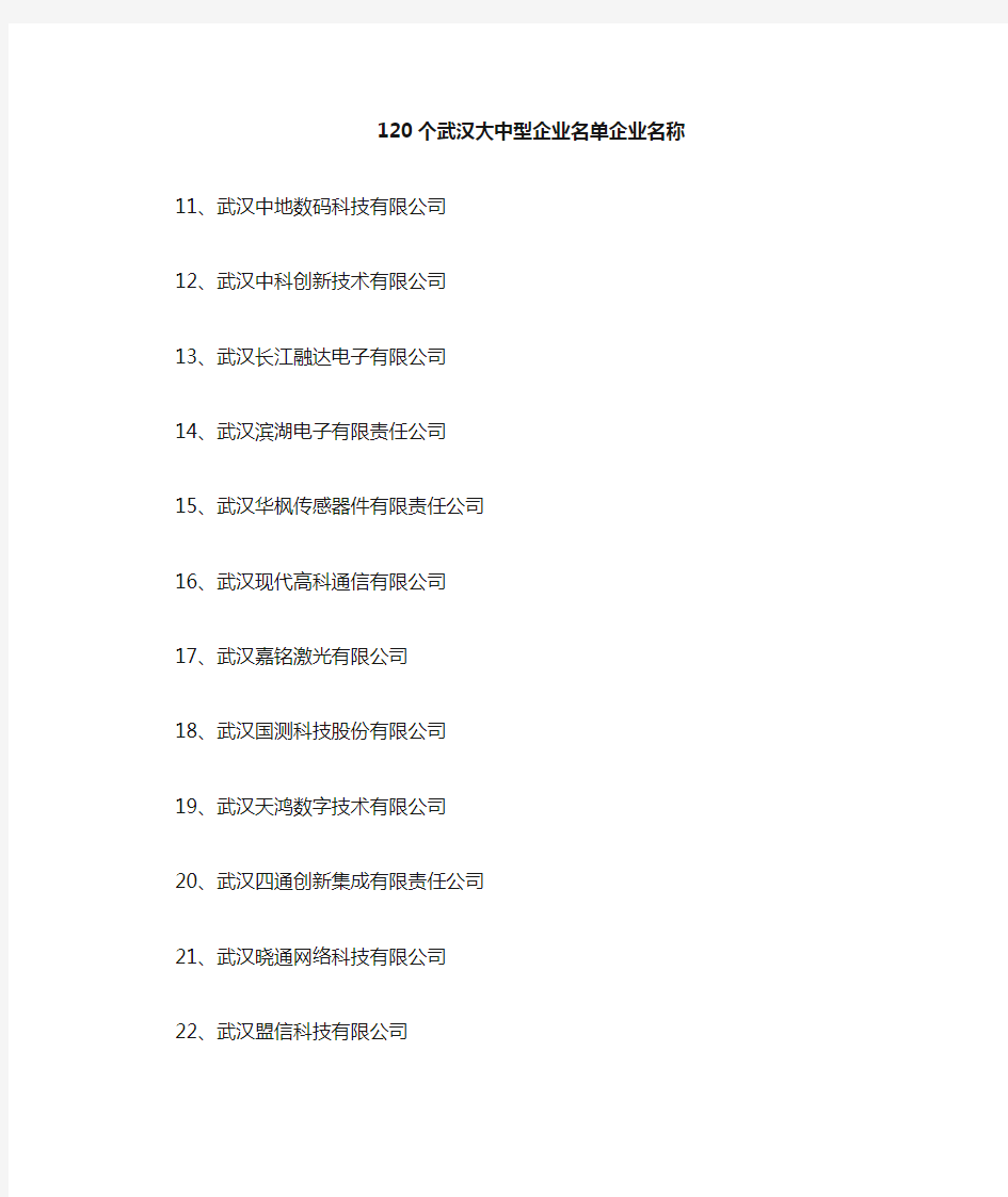 120个武汉大中型企业名单