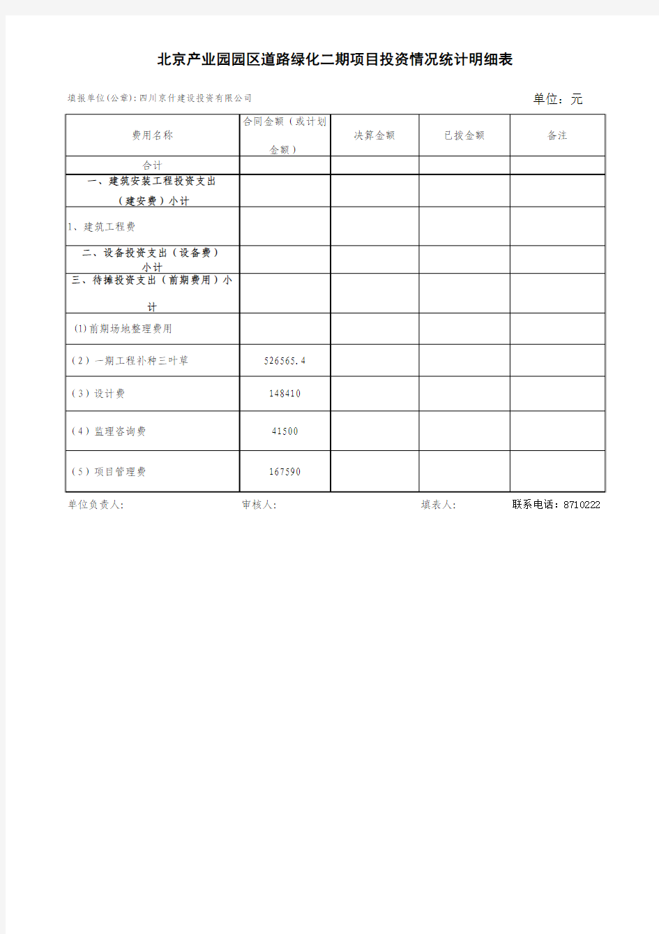 北京产业园前期费用统计表