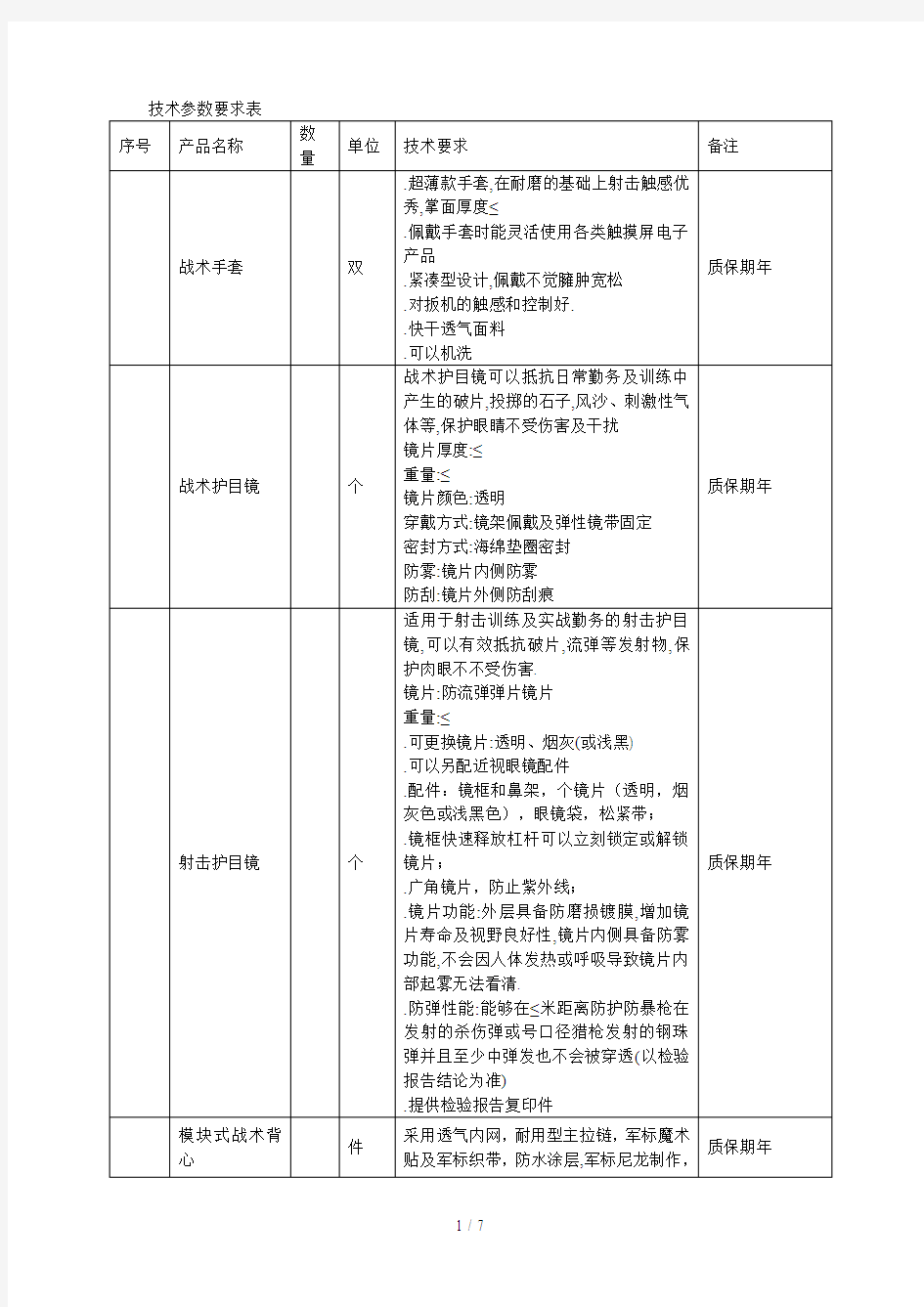 技术参数要求表