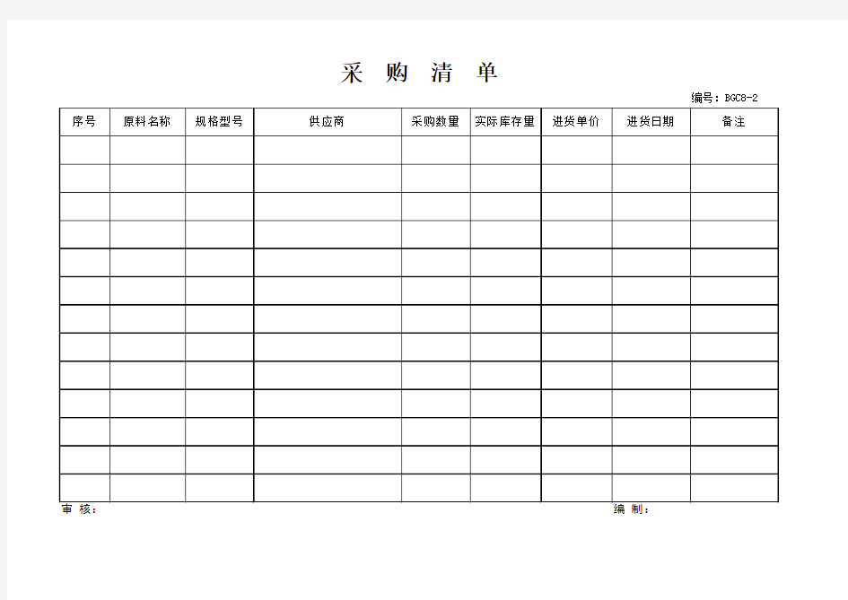 采购清单表格