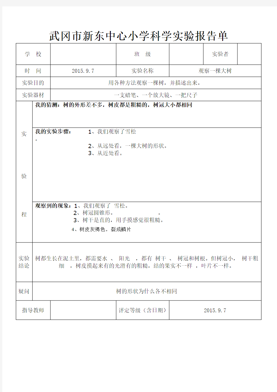 教科版三年级上册科学学生实验报告(全册)