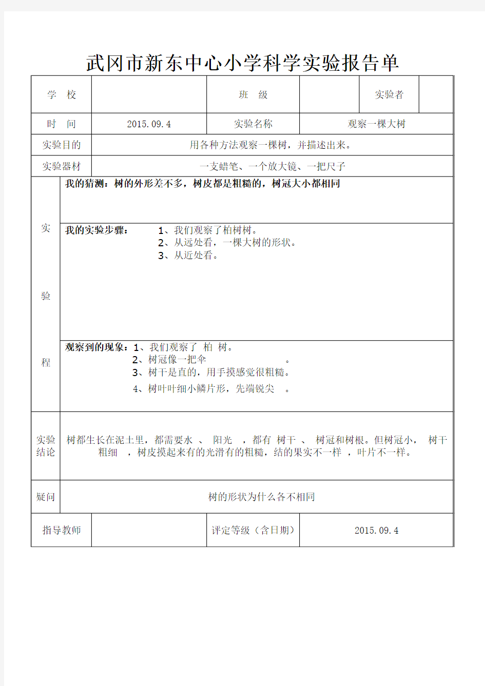 教科版三年级上册科学学生实验报告(全册)