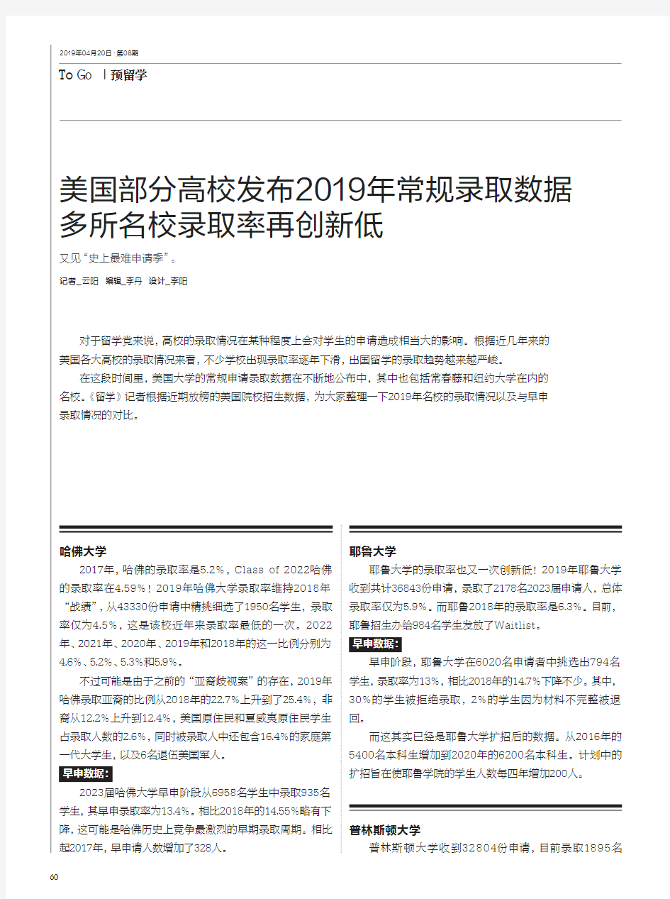 美国部分高校发布2019年常规录取数据多所名校录取率再创新低