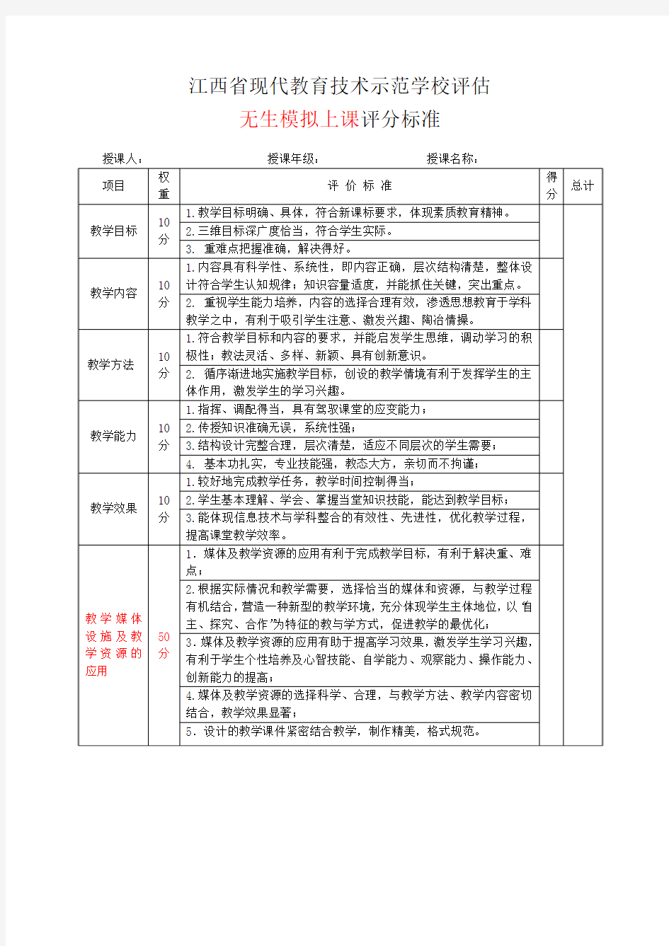 2017年无生模拟上课评分标准